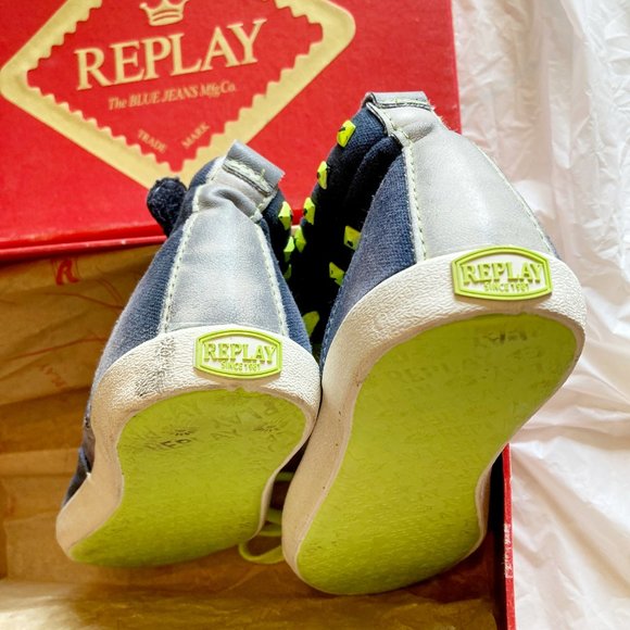 Replay & Sons size 34 EU distressed denim studded SOUTHFELDS mid canvas sneaker - Picture 2 of 7